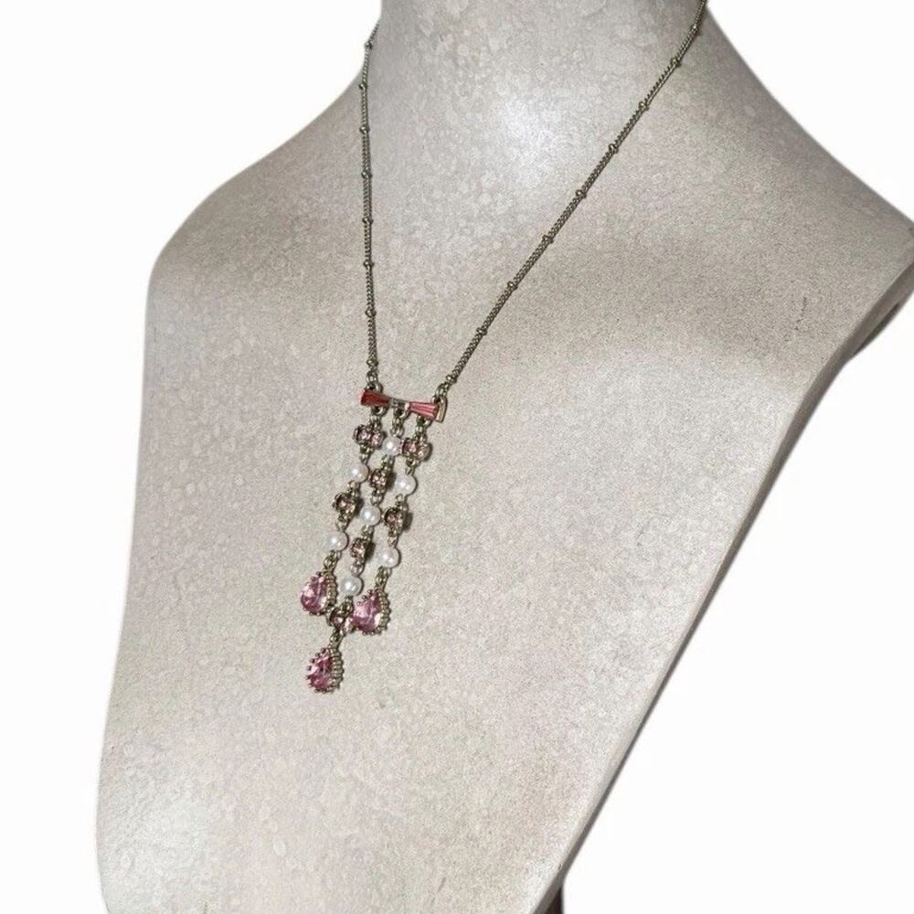 Betsey Johnson Pink Crystal Pearl Drop Necklace Gold Tone Marked Faux Pearl - Picture 6 of 13